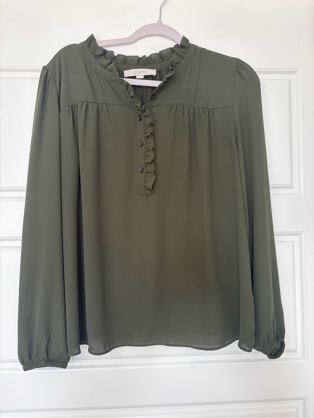 LOFT Olive Ruffle-Placket Long Sleeve Blouse